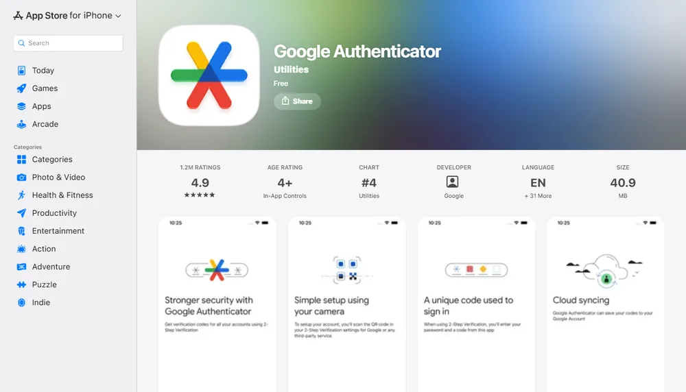 App Store 上 Google Authenticator 的应用页，开发者为 Google，预览图里有一张写着 Cloud syncing